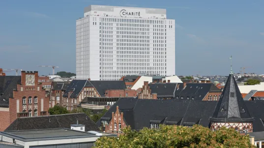 Modernes weißes Hochhaus hinter traditionellen Backsteinhäusern bei klarem Himmel