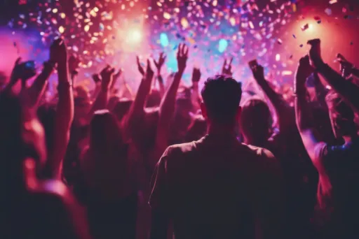 Menschenmenge feiert bei Konzert, bunte Lichter und Konfetti in der Luft.