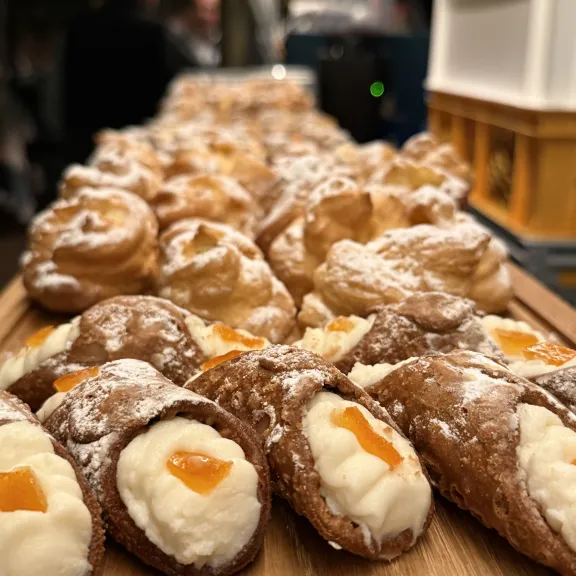 Italienisches Gebäck mit Cremefüllung auf einem Holztablett, vorne Cannoli.