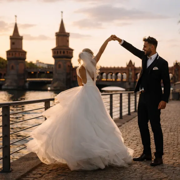 Brautpaar tanzt am Flussufer bei Sonnenuntergang, Brücke im Hintergrund.