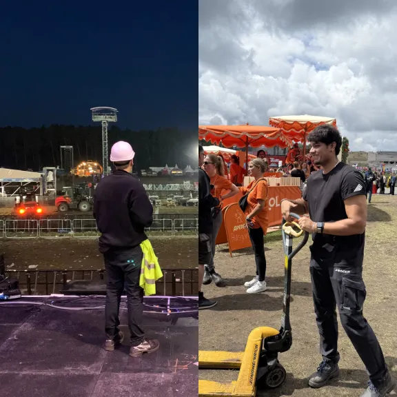 Zwei Männer bei der Arbeit: einer nachts mit Helm, einer tagsüber mit Hubwagen.