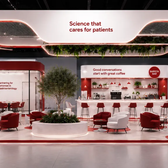 Messestand mit roten und weißen Sitzmöbeln, Pflanzen und moderner Beleuchtung.