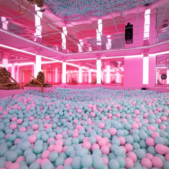 Großer Raum mit rosa Licht, gefüllt mit blau-rosa Bällen und verspiegelter Decke.