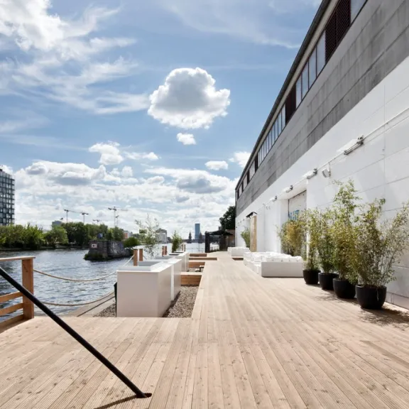 Holzterrasse am Wasser mit Pflanzen, sonnig und moderne Gebäude im Hintergrund.