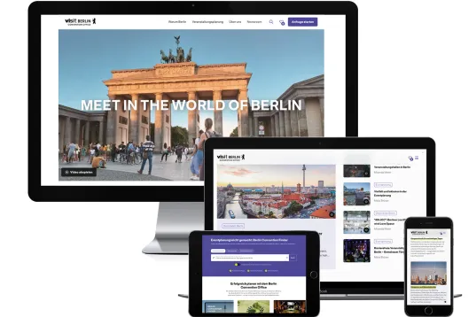 Website auf Computer, Tablet und Smartphone mit Berlin-Motiven und responsive Design.