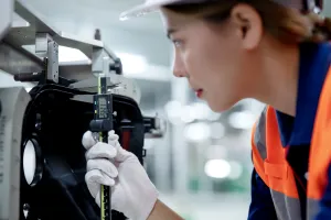 Eine Frau mit Helm und Schutzweste überprüft konzentriert eine Maschinenkomponente in einer Fabrik.