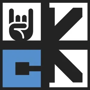 Grid logo with hand sign, large K, and blue G and C in block letters.