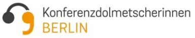Logo with headset icon and text "Konferenzdolmetscherinnen BERLIN" in gray and orange.