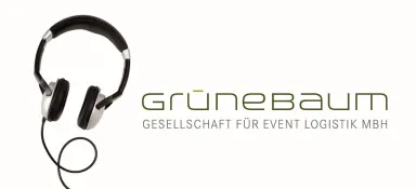 Headphones next to the "grünebaum" event logistics company logo on white background.