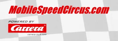 Logo mit MobileSpeedCircus.com in Rot auf kariertem Hintergrund, Carrera-Logo darunter.