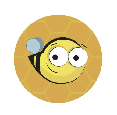 Cartoon bee with large eyes on a honeycomb-patterned yellow background.