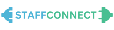 StaffConnect logo with blue and green arrows on either side of the text