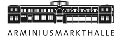Graphic logo of a market hall building with the text "Arminiusmarkthalle" below.