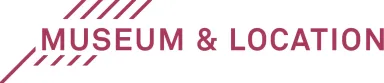 Text logo reading "MUSEUM & LOCATION" with diagonal maroon stripes.
