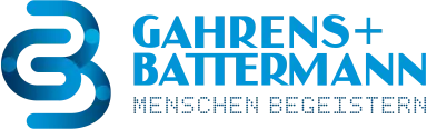 Gahrens + Battermann blue logo with slogan "Menschen begeistern"