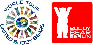 United Buddy Bears world tour circle logo and red Buddy Bear Berlin logo.