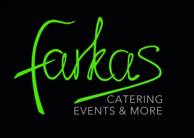 Farkas Catering Events & More logo in green and white on a black background.