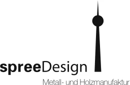 spreeDesign logo with a stylized tower and text "Metall- und Holzmanufaktur"