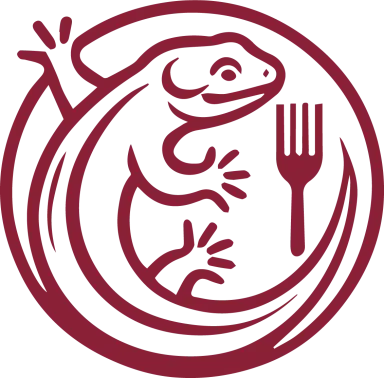 Maroon gecko logo curled around a fork inside a circle.