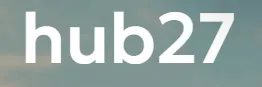 Logo mit weißem Schriftzug "hub27" auf blau-grauem Hintergrund.