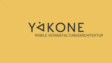 YAKONE logo with text "Mobile Veranstaltungsarchitektur" on yellow background.